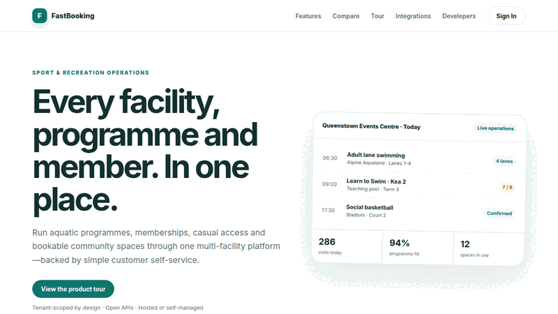 Animated walkthrough of the FastBooking sport and recreation landing page